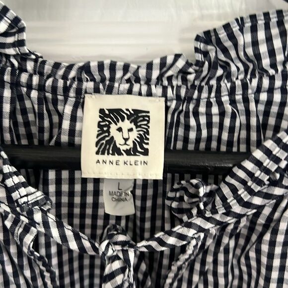 Ann Klein Black and White Gingham Ruffle Top size L - Picture 6 of 9